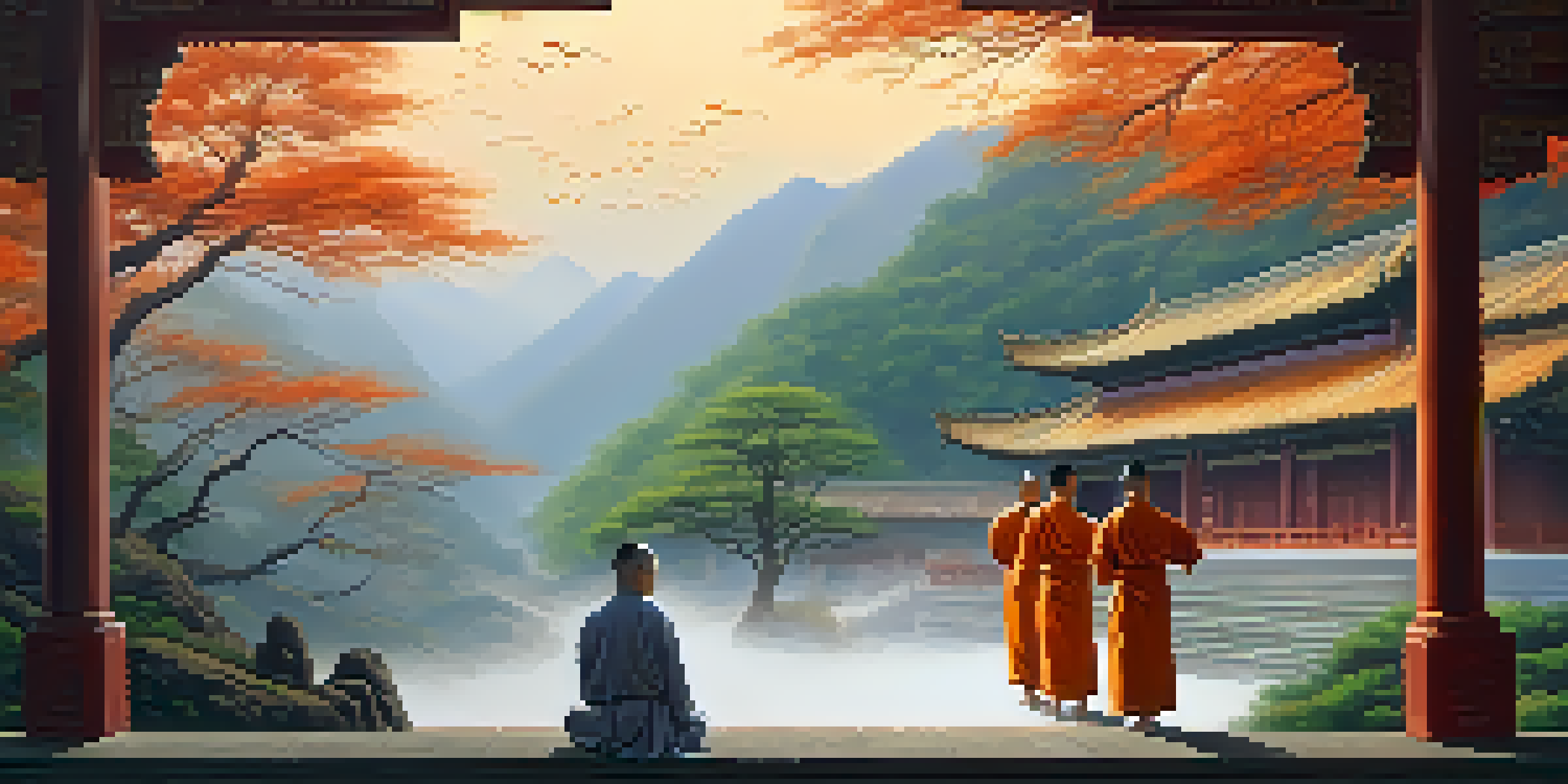 A traditional Shaolin Temple in the mountains with monks practicing Kung Fu at sunrise, surrounded by lush greenery and misty mountains.