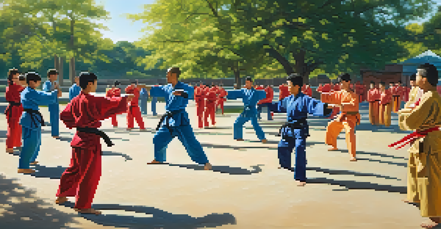 An outdoor martial arts class in a sunny park, featuring students in colorful uniforms practicing techniques with trees in the background.