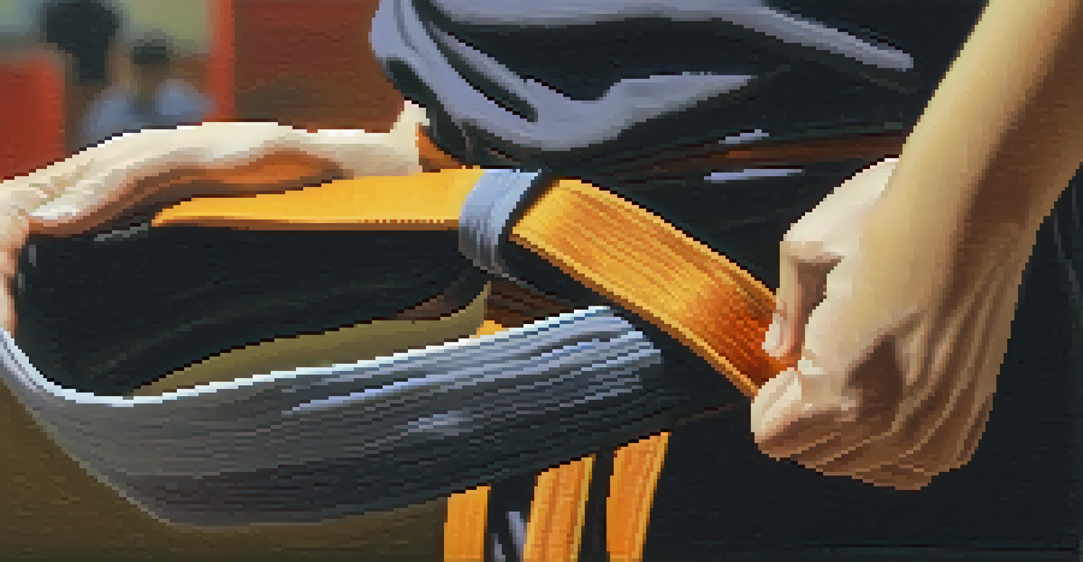 A close-up of a young student tying their martial arts belt, capturing focus and commitment.