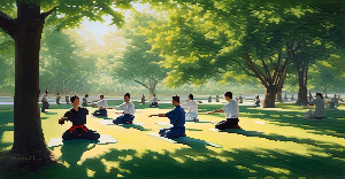 A diverse group of martial artists practicing Tai Chi in a serene outdoor setting surrounded by trees and nature.