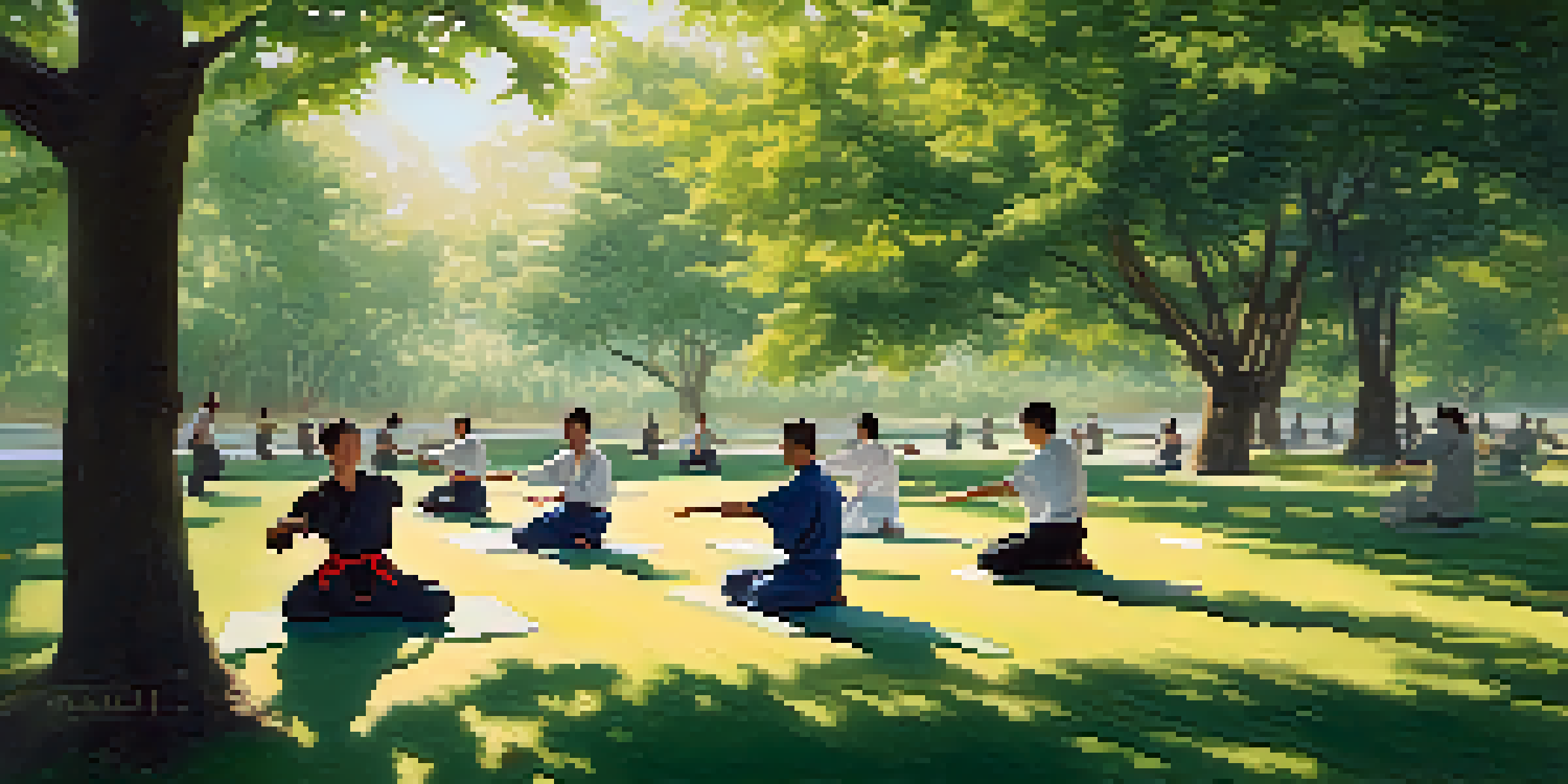 A diverse group of martial artists practicing Tai Chi in a serene outdoor setting surrounded by trees and nature.