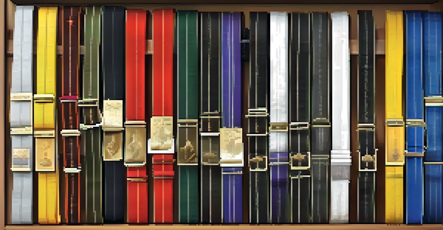 A collection of martial arts belts in various colors displayed on a shelf.