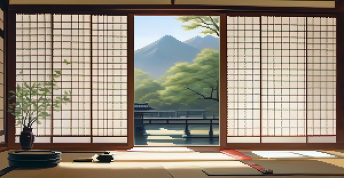 A peaceful dojo with sunlight filtering through screens, highlighting a martial artist meditating on the floor.