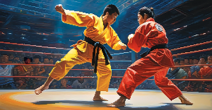 Two martial artists in colorful protective gear engaged in a high-energy competition, one executing a kick and the other in a defensive posture, with an audience watching in the background.