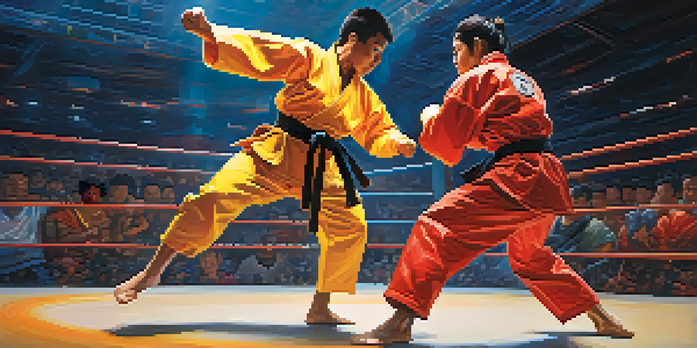 Two martial artists in colorful protective gear engaged in a high-energy competition, one executing a kick and the other in a defensive posture, with an audience watching in the background.