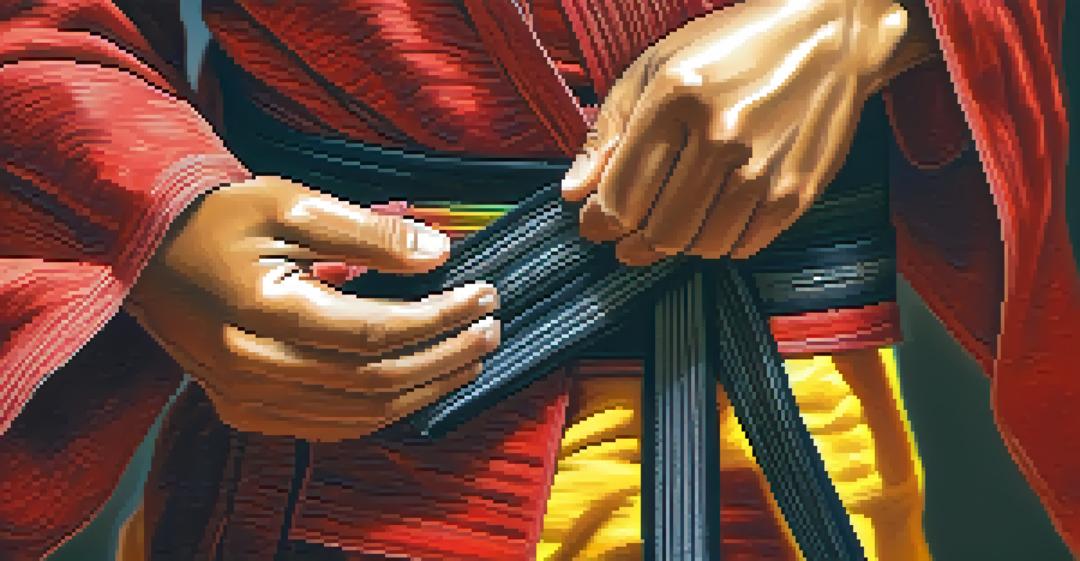 A close-up of a martial artist tying their belt, highlighting the fabric texture and colors.