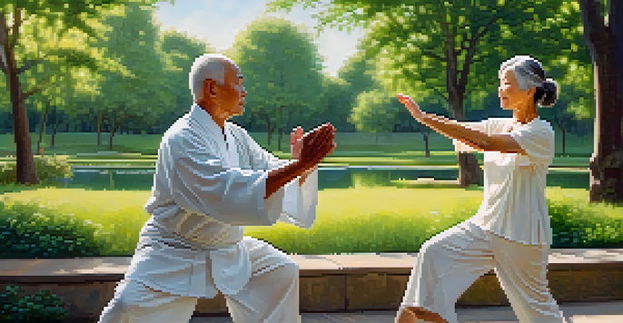 An elderly couple performing Tai Chi in a peaceful park, surrounded by greenery and sunlight.