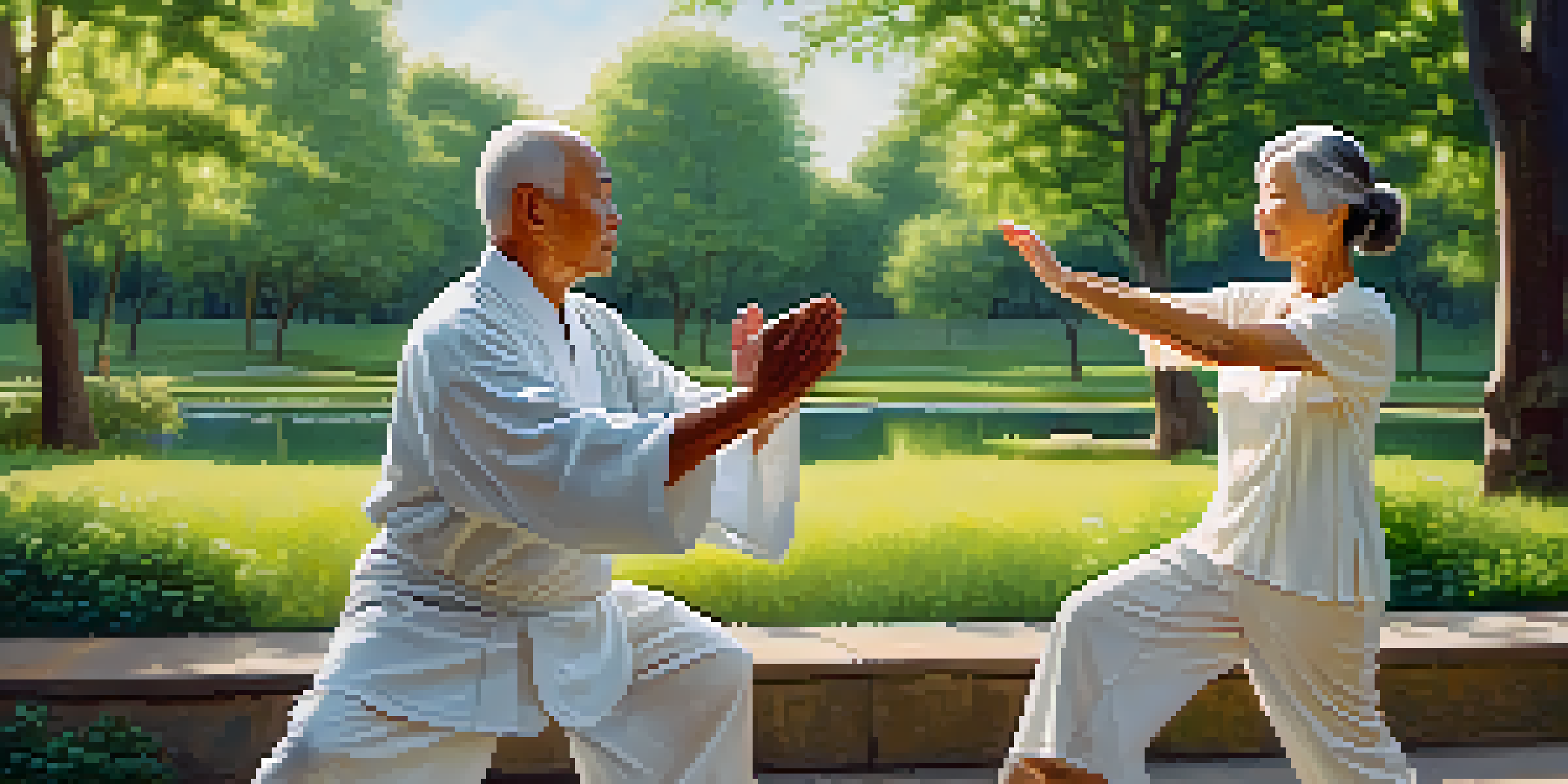 An elderly couple performing Tai Chi in a peaceful park, surrounded by greenery and sunlight.