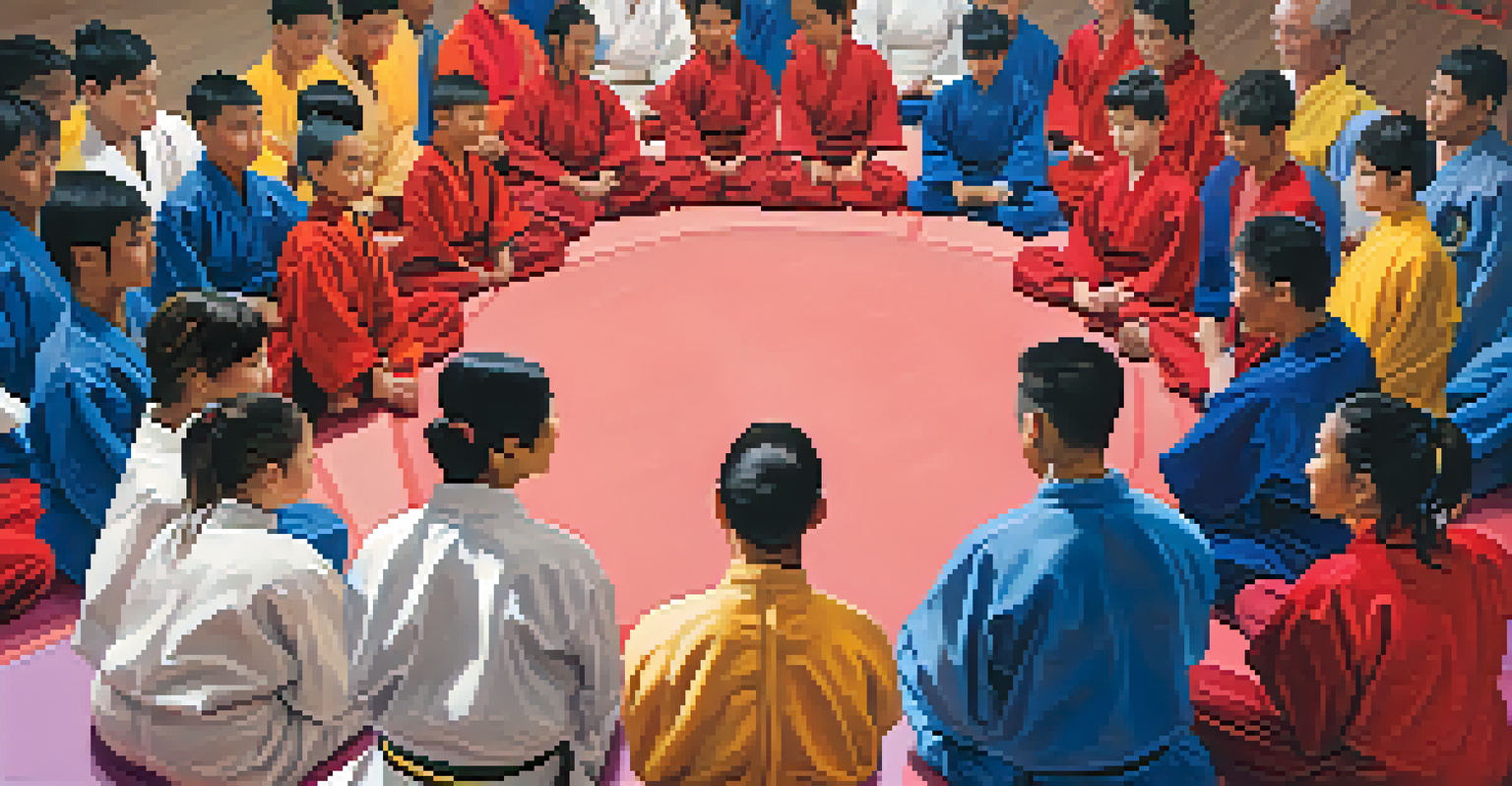 A diverse group of martial artists in a circle on a mat, displaying camaraderie and support for each other.