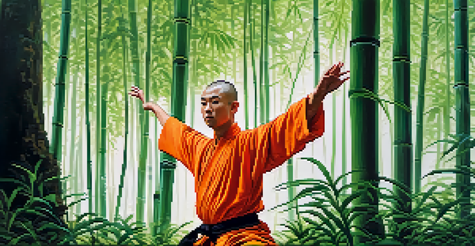 A Shaolin monk in orange robes practicing Kung Fu in a green forest with sunlight filtering through the trees.