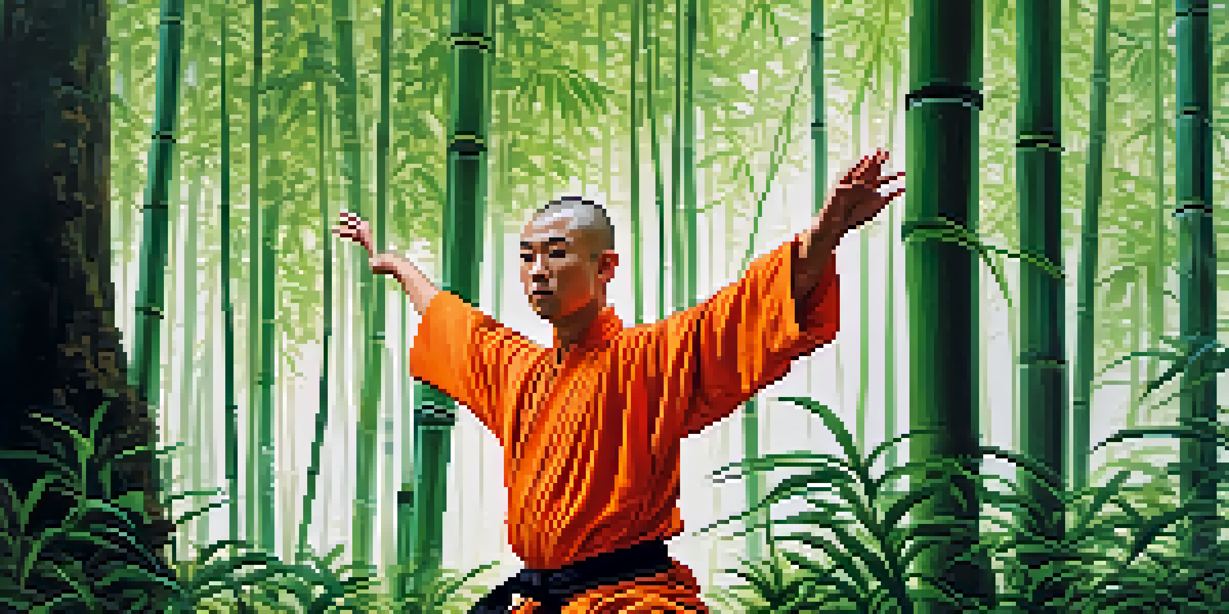 A Shaolin monk in orange robes practicing Kung Fu in a green forest with sunlight filtering through the trees.