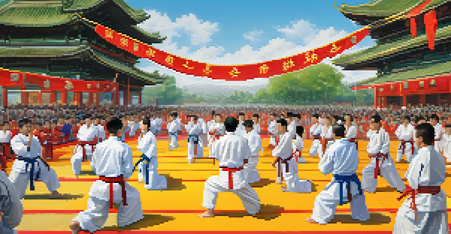 A lively community martial arts event with participants performing on a mat and spectators cheering.