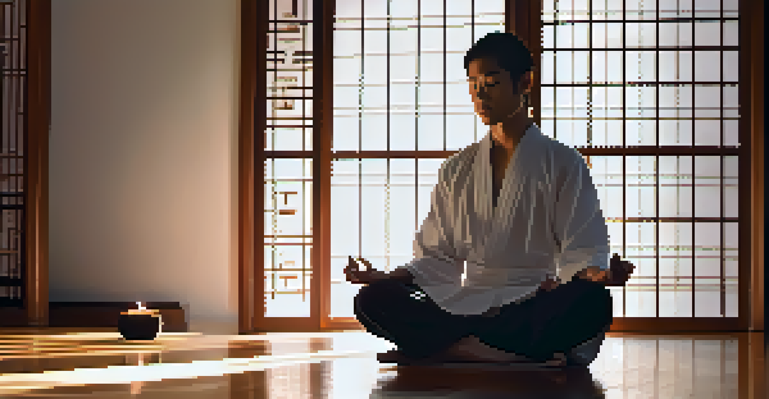 A person meditating in a dojo, surrounded by candlelight, seated cross-legged with a peaceful expression.