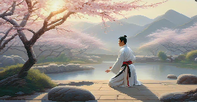 A tranquil martial arts training ground in ancient China with a practitioner performing Kung Fu amidst cherry blossom trees at dawn.