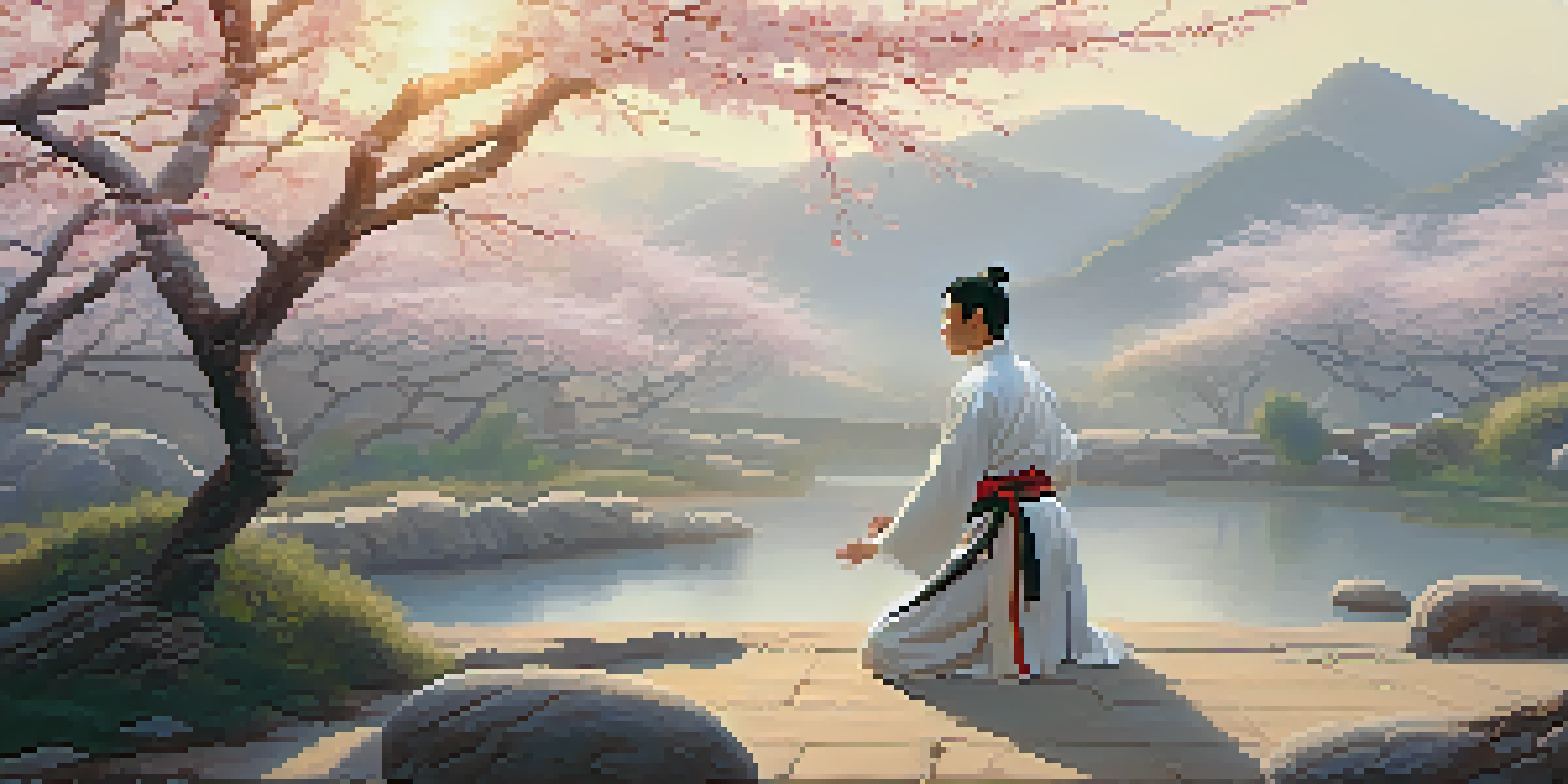 A tranquil martial arts training ground in ancient China with a practitioner performing Kung Fu amidst cherry blossom trees at dawn.