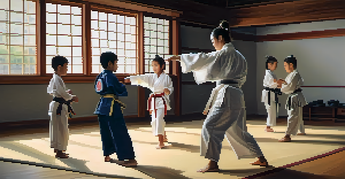 A diverse family practicing martial arts in a dojo, with one member demonstrating a kick and others observing.