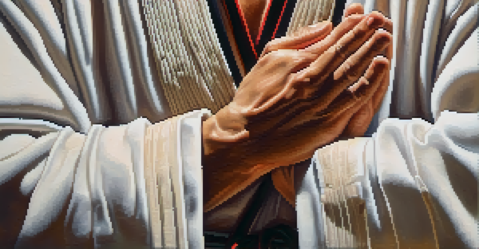 Close-up of a martial artist's hands in an active listening gesture, with a focused expression, blurred dojo background.