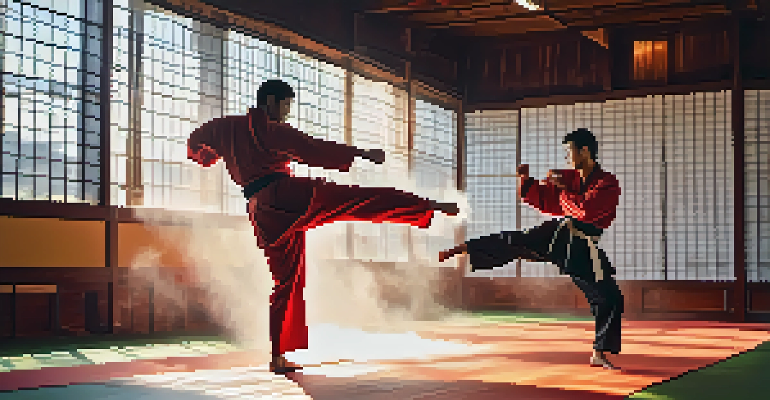 A martial artist performing a high kick on a training pad in a brightly lit dojo.