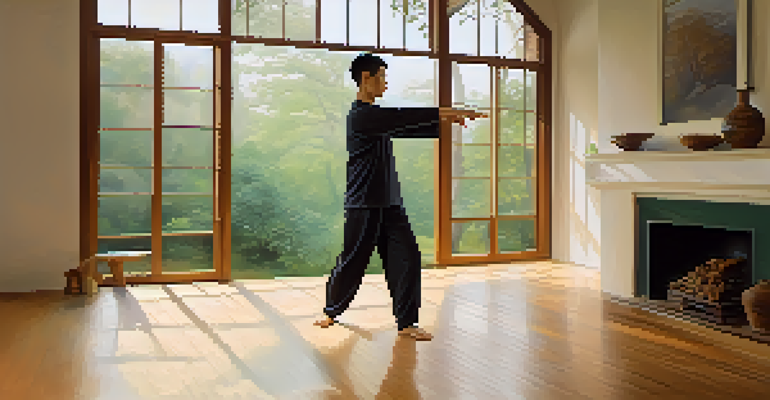 A person practicing Tai Chi in a bright and cozy living room, demonstrating focus and balance.