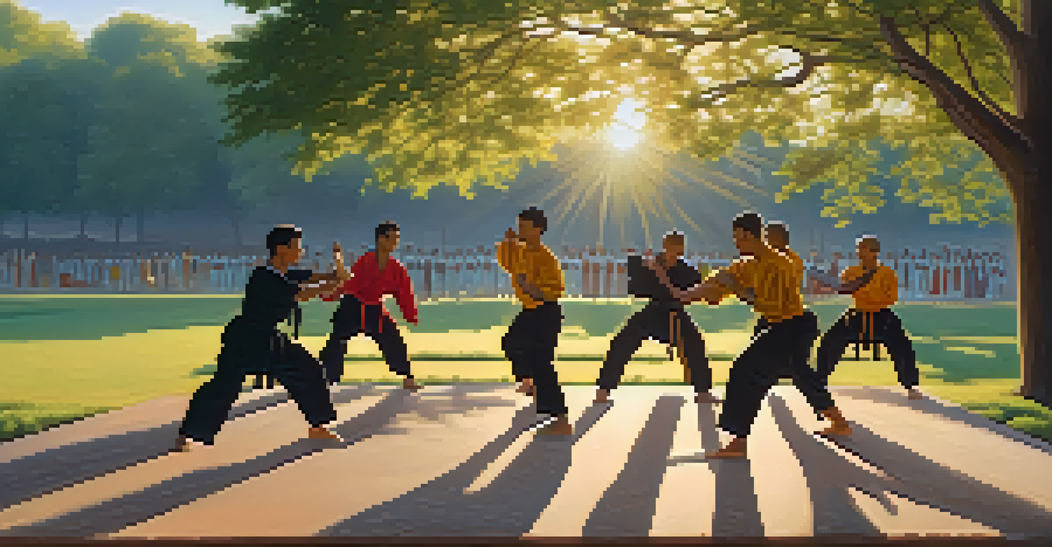 A group of martial artists training outdoors at sunrise in a park, emphasizing teamwork and diversity.