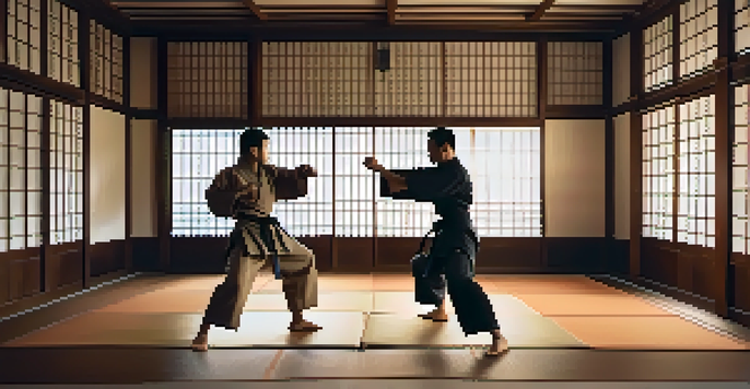 Two martial artists in a dojo, one kicking high while the other defends, surrounded by traditional decor.