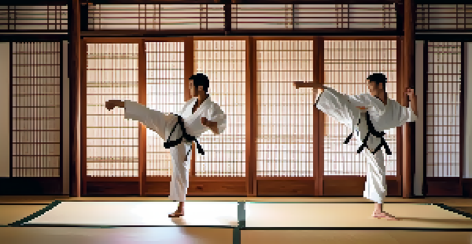 Two martial artists engaged in a duel inside a traditional dojo, with soft light illuminating their intense expressions and dynamic movements.