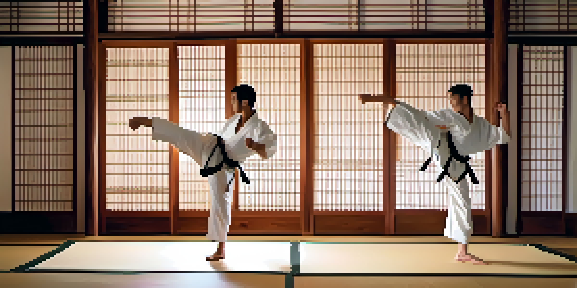 Two martial artists engaged in a duel inside a traditional dojo, with soft light illuminating their intense expressions and dynamic movements.
