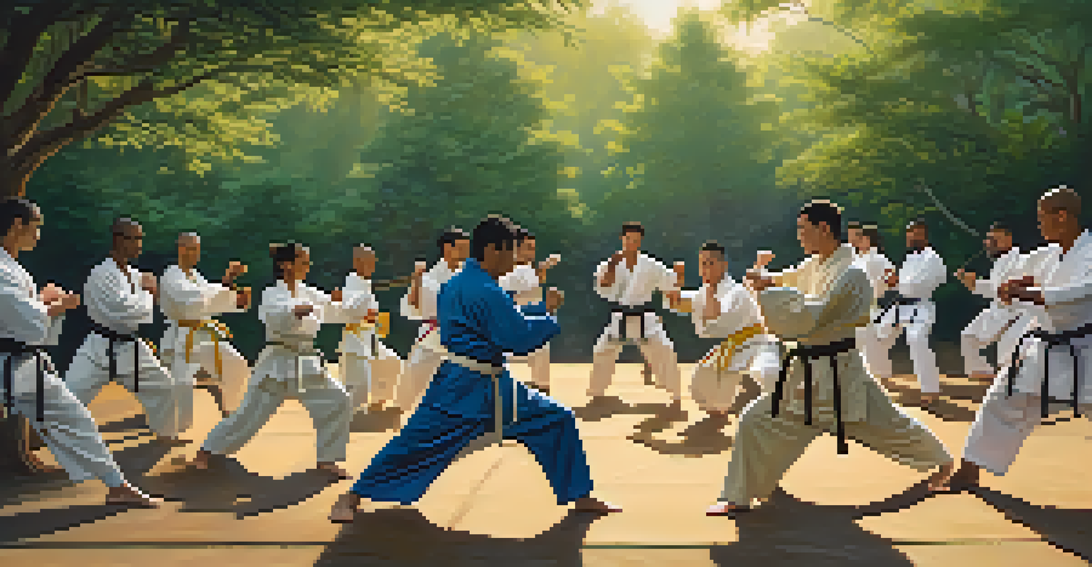 A diverse group of martial artists sparring in an outdoor training area surrounded by greenery.