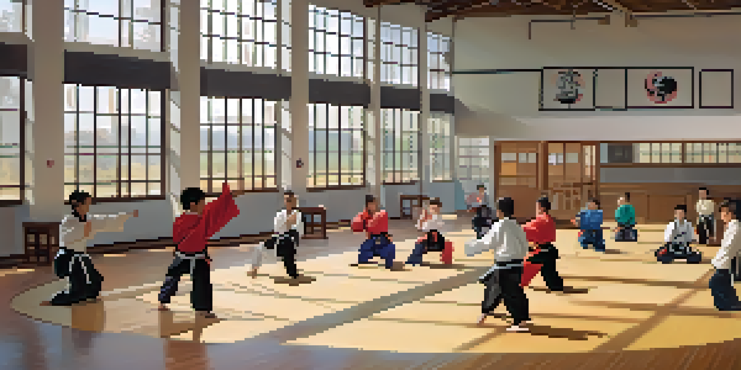 A diverse group of martial arts students, including one in a wheelchair, practicing together in a bright dojo, showcasing an inclusive environment.
