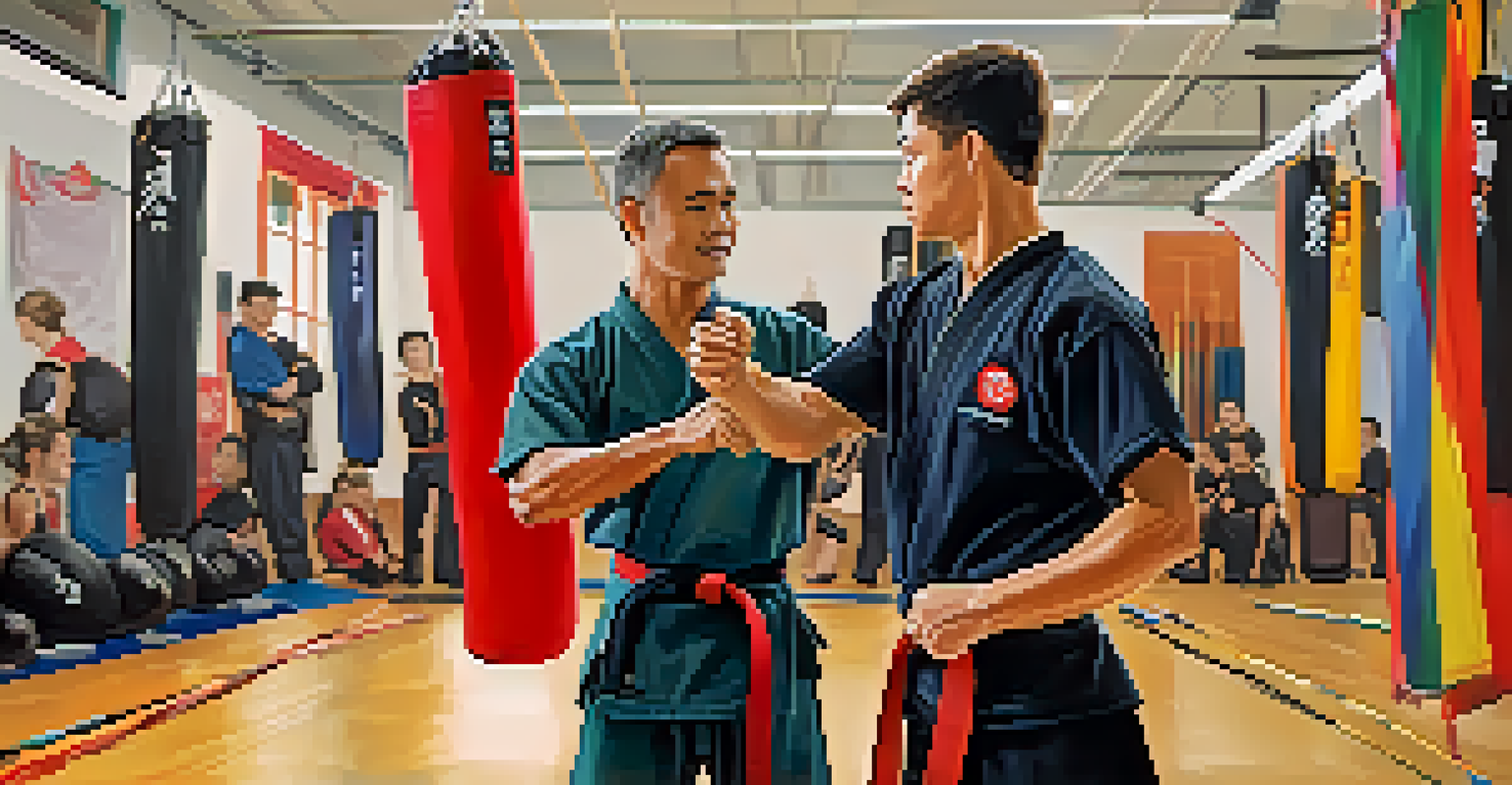An instructor giving feedback to a beginner martial artist, demonstrating a technique with an encouraging expression.