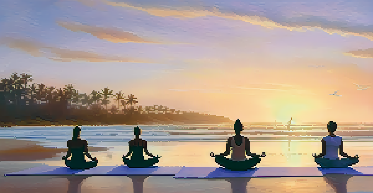 A diverse group of people practicing yoga on a beach at sunset, surrounded by calm waves and a colorful sky.
