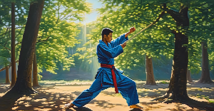 A martial artist performing a high kick outdoors, surrounded by trees and sunlight.