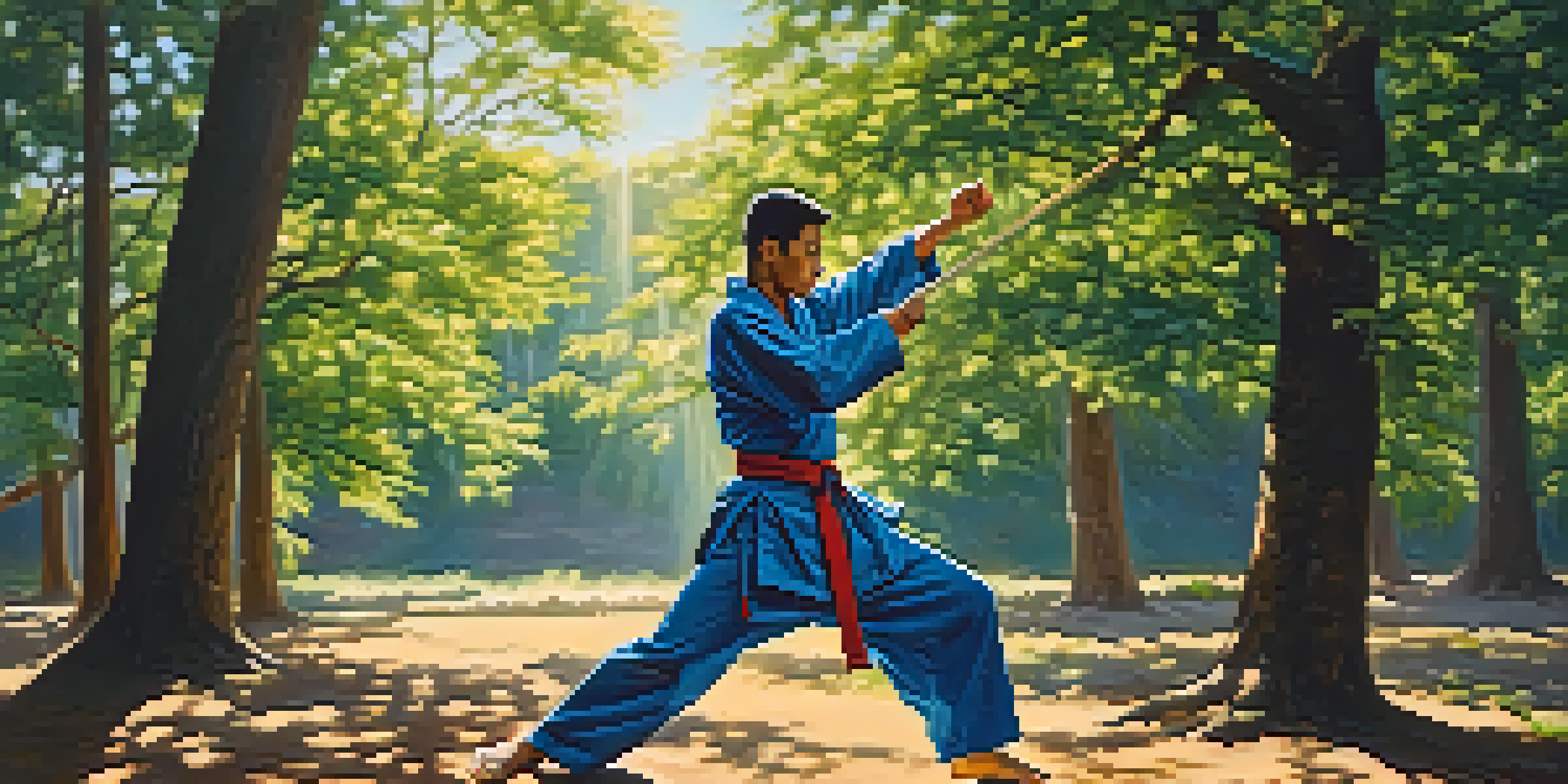 A martial artist performing a high kick outdoors, surrounded by trees and sunlight.