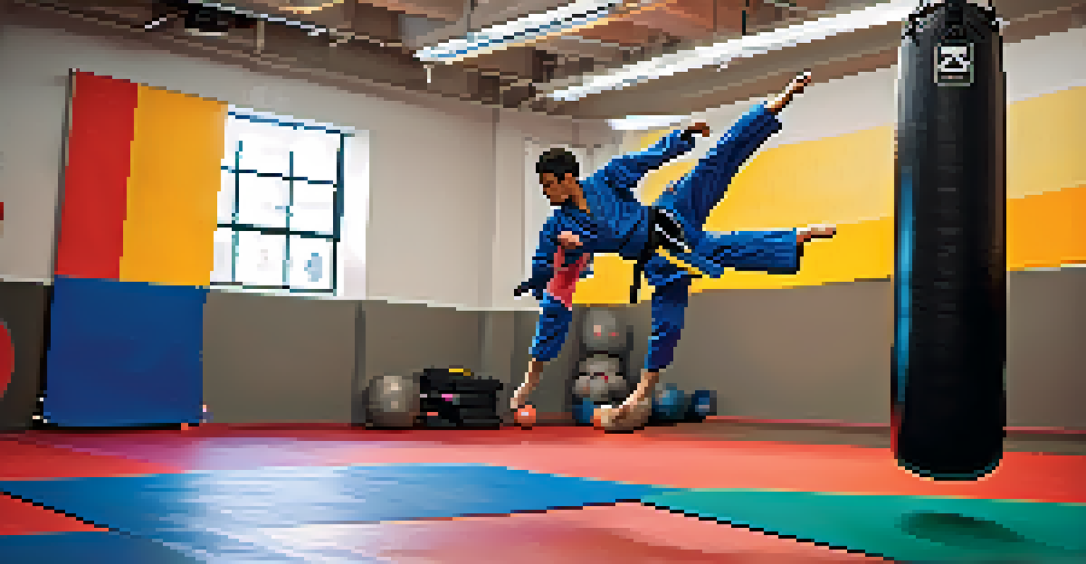 A martial artist performing a high kick in mid-air during a sparring session, showcasing strength and focus.
