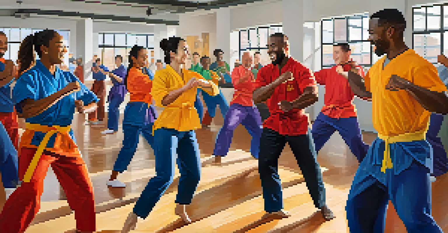 A diverse group of colleagues participating in a martial arts team-building exercise, displaying joy and teamwork in a bright office environment.