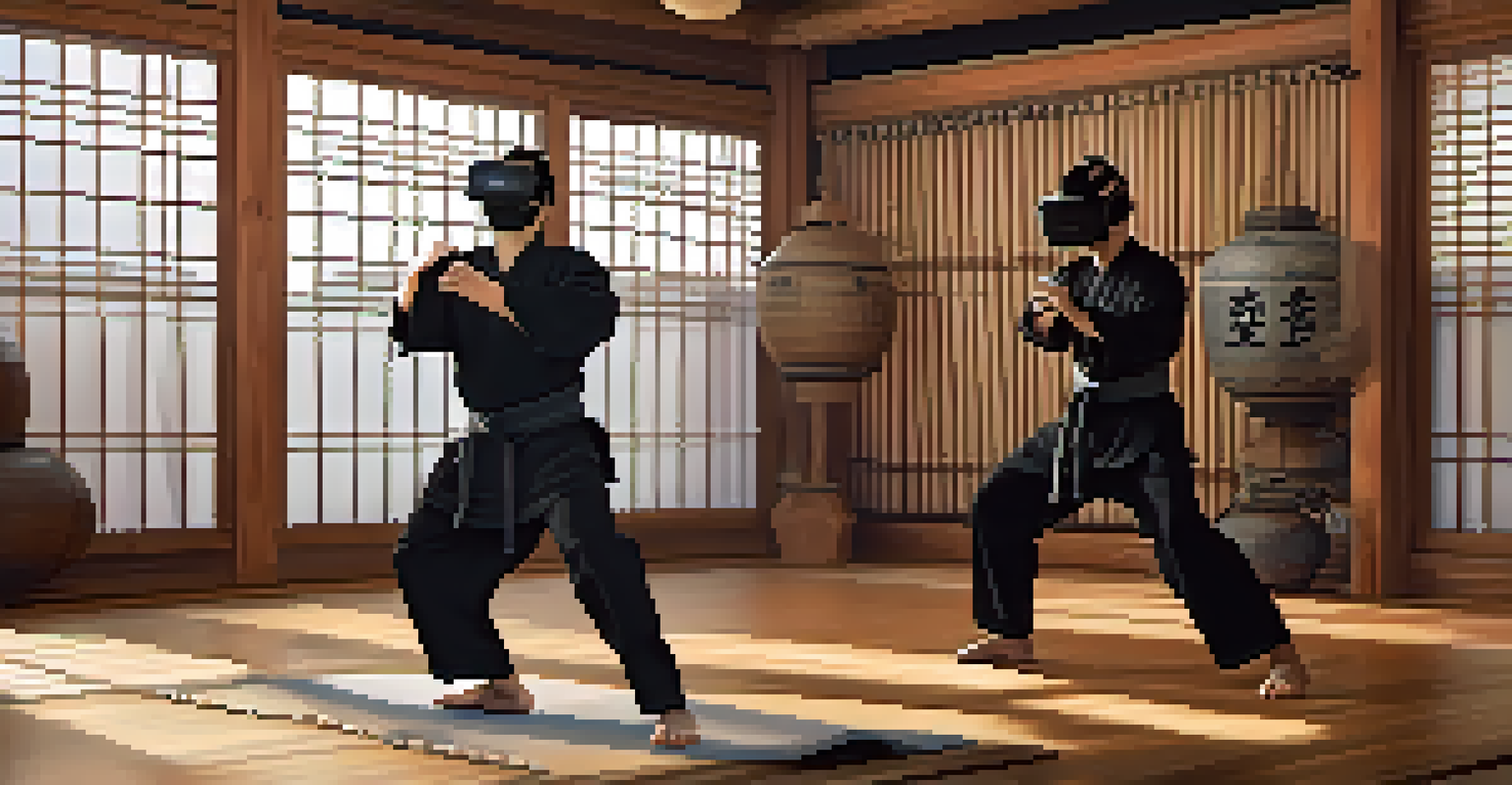 A person in a VR headset practicing martial arts against a virtual opponent in a traditional dojo.