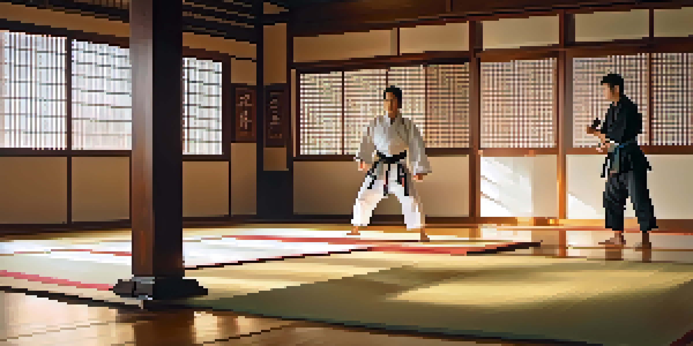 A peaceful dojo with two martial artists sparring, illuminated by soft sunlight through shoji doors.