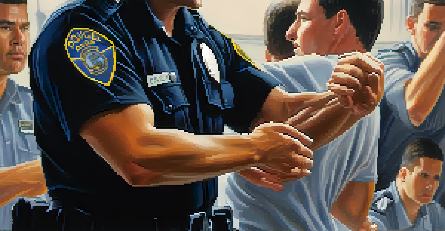 Close-up of a police officer demonstrating a Krav Maga self-defense technique with a blurred training environment in the background.