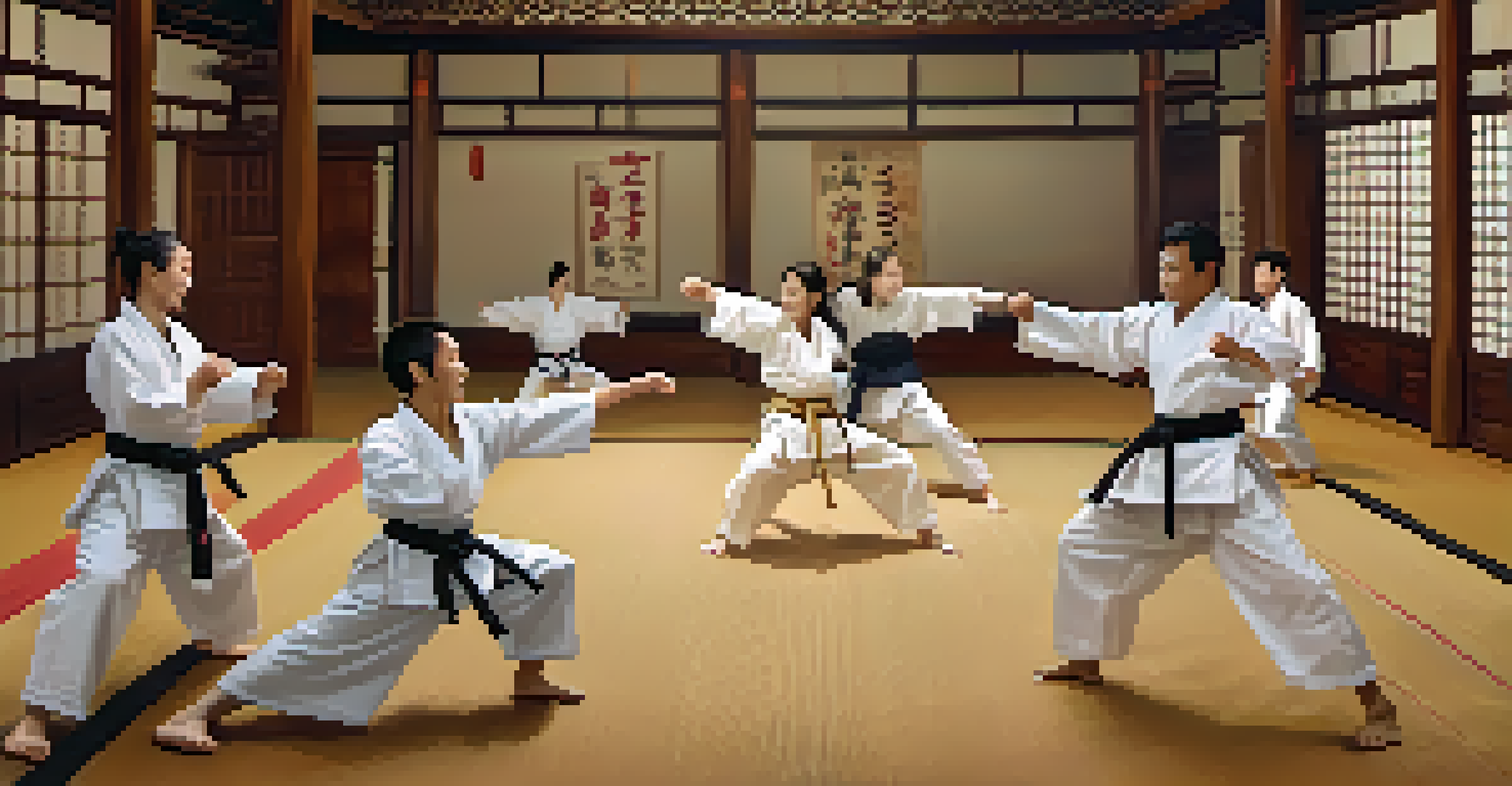 Two friends sparring in a dojo, showcasing joy and determination, with a warm atmosphere and community spirit.