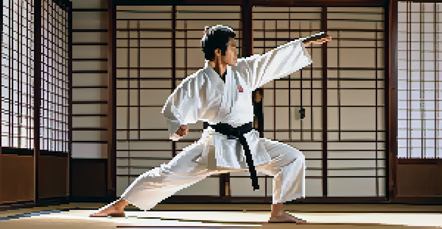 A martial artist practicing a high kick in a dojo, with traditional Japanese decor and soft lighting.