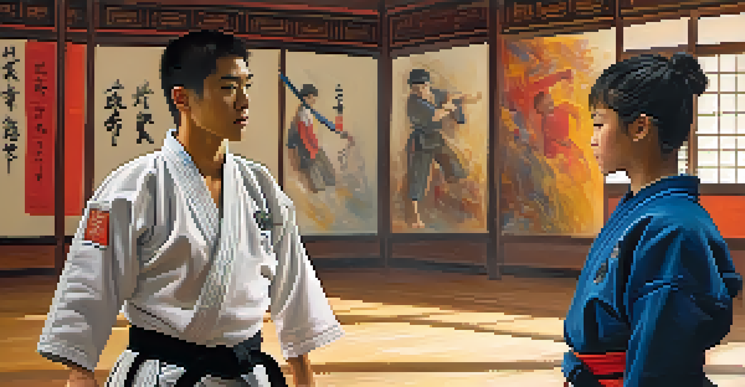 A martial arts coach guiding a student in a dojo, demonstrating a technique with an array of equipment in the background.