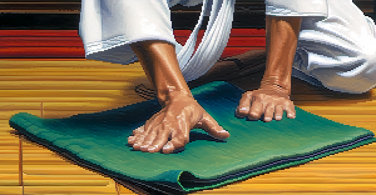 Close-up of a martial artist tying a colored belt, highlighting the focus and determination in their hands.