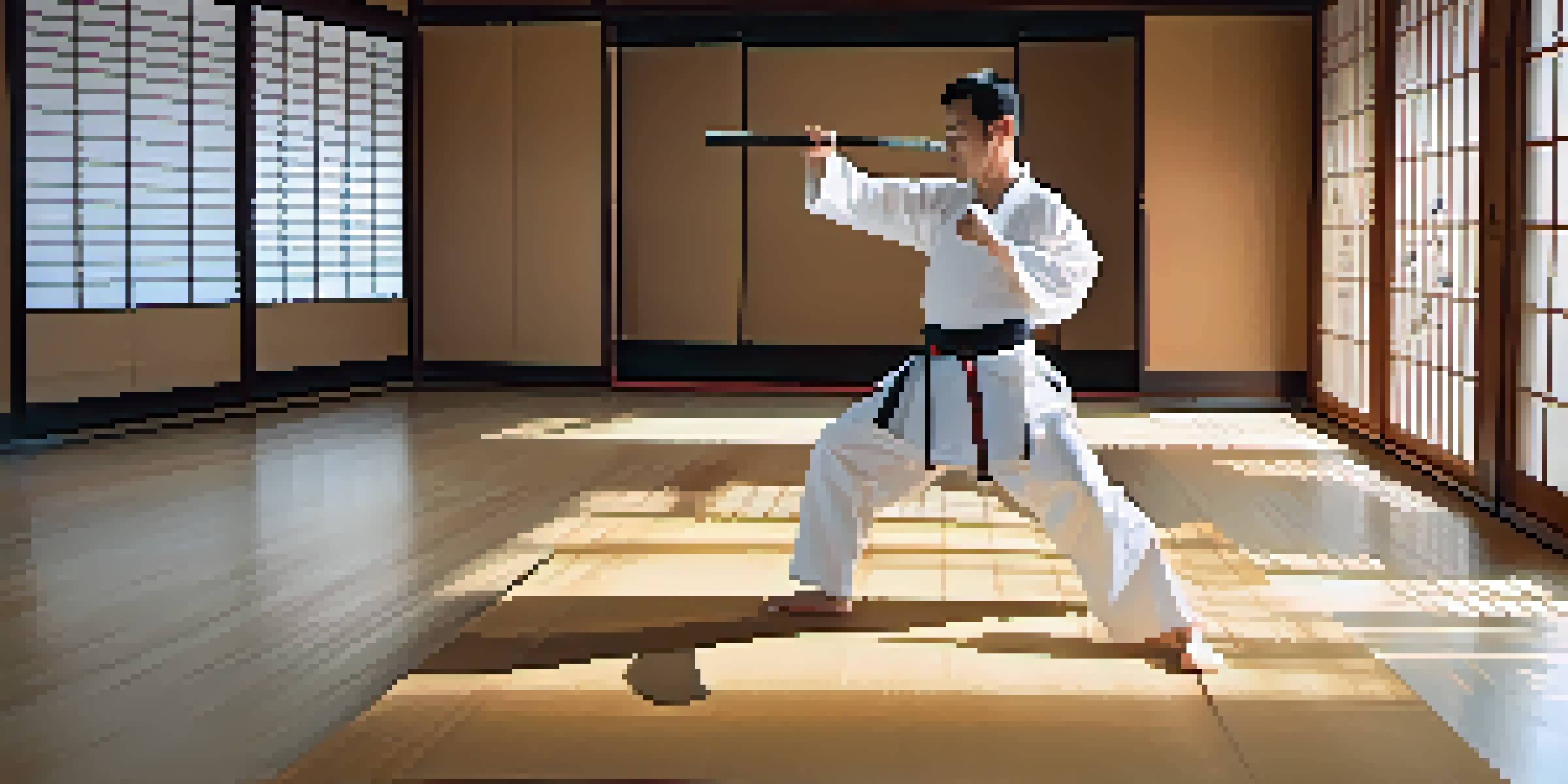 A peaceful dojo with a martial artist in a white uniform practicing a stance, surrounded by traditional Japanese decor.