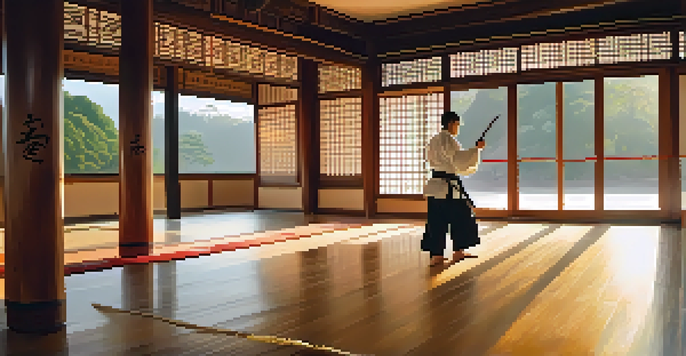 A martial artist practicing in a serene dojo with wooden floors and traditional decorations.