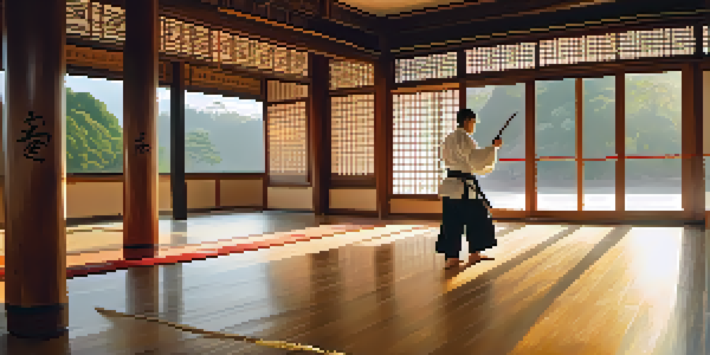 A martial artist practicing in a serene dojo with wooden floors and traditional decorations.