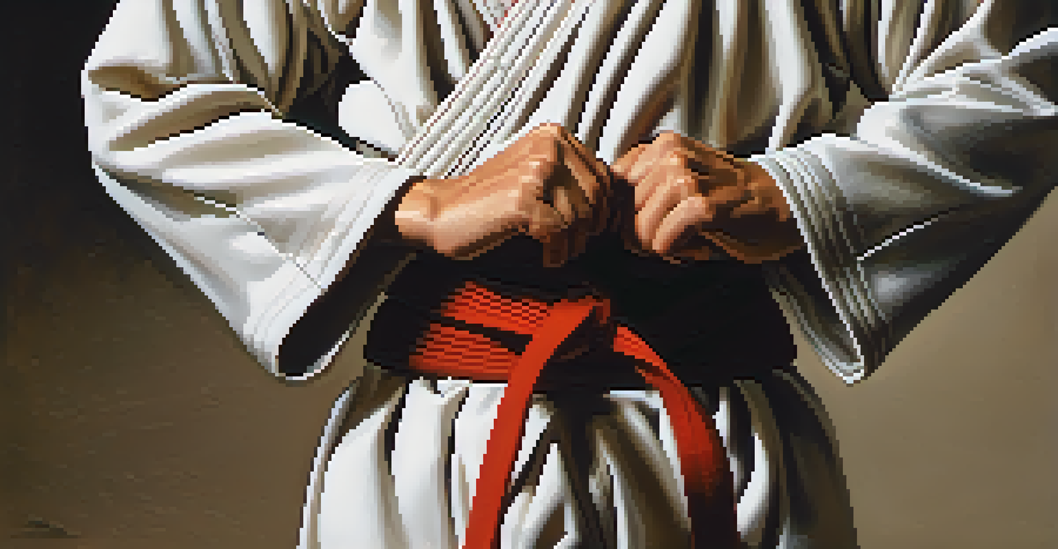A close-up of hands in a martial arts stance, focusing on the details of the gi fabric and colored belts, with a softly blurred background.
