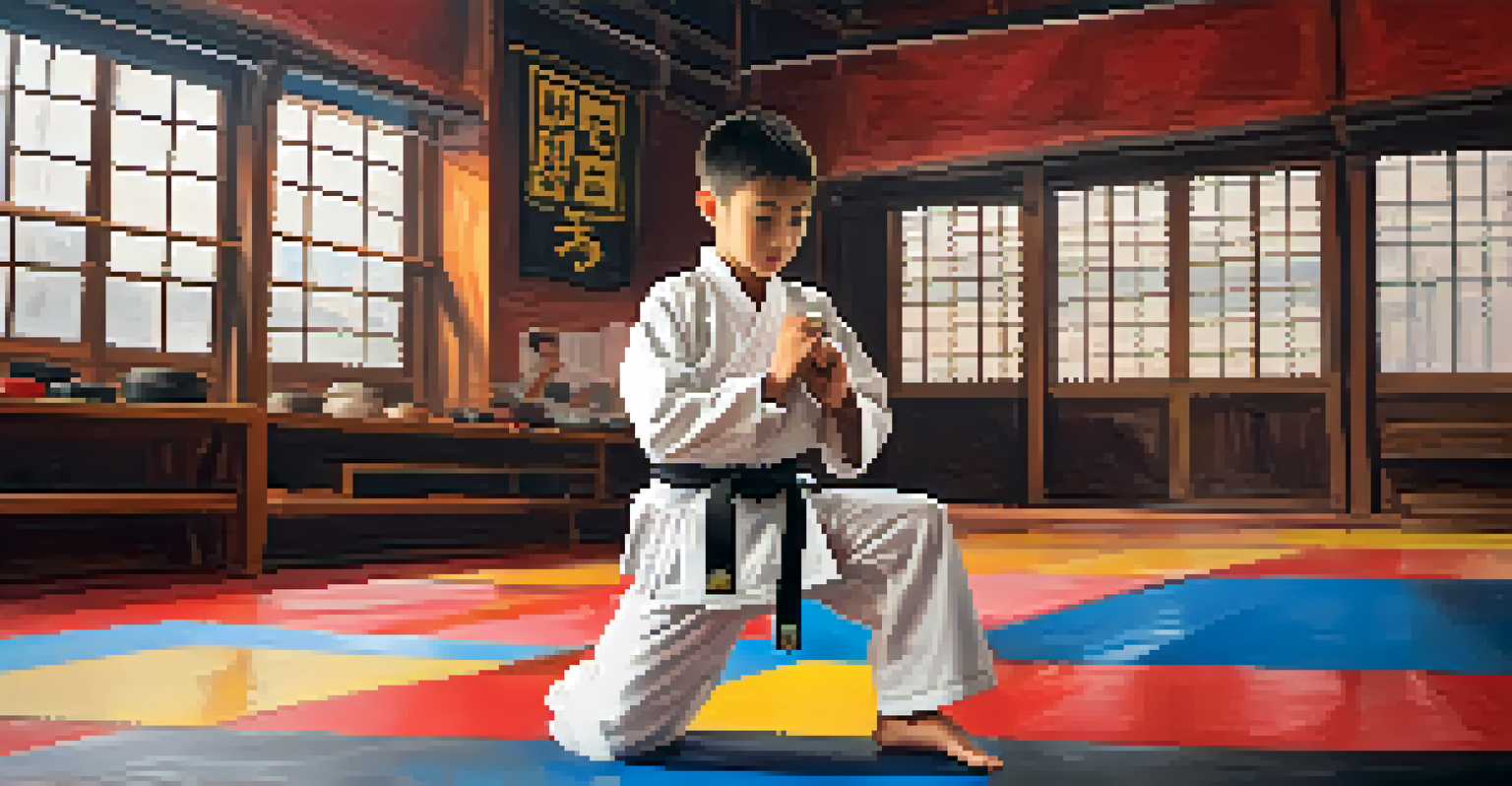 A young martial artist breaking a board with a confident expression in a vibrant dojo, with motivational posters in the background.
