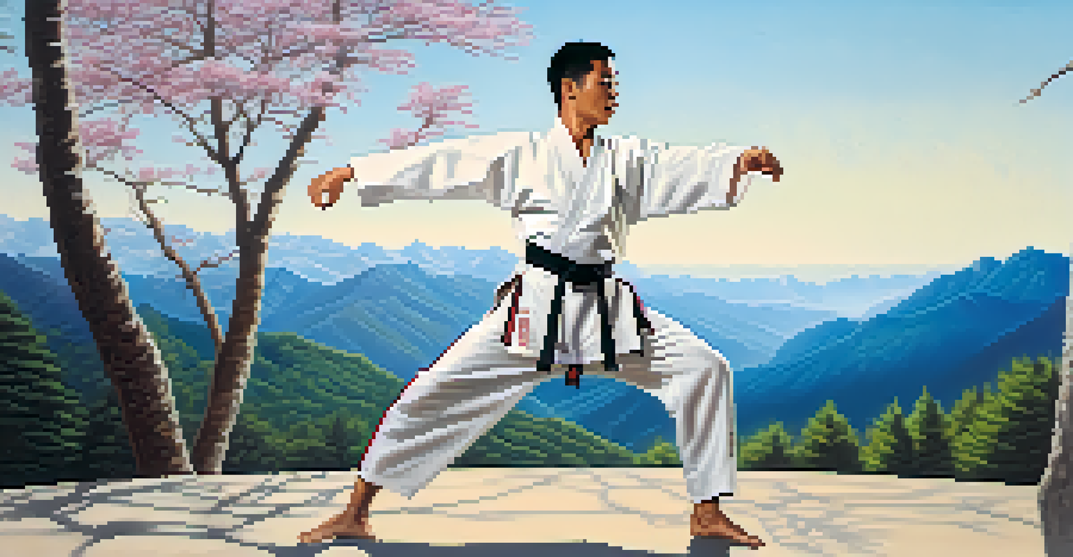 A martial arts instructor performing a traditional form outdoors in a natural setting, showcasing grace and skill.