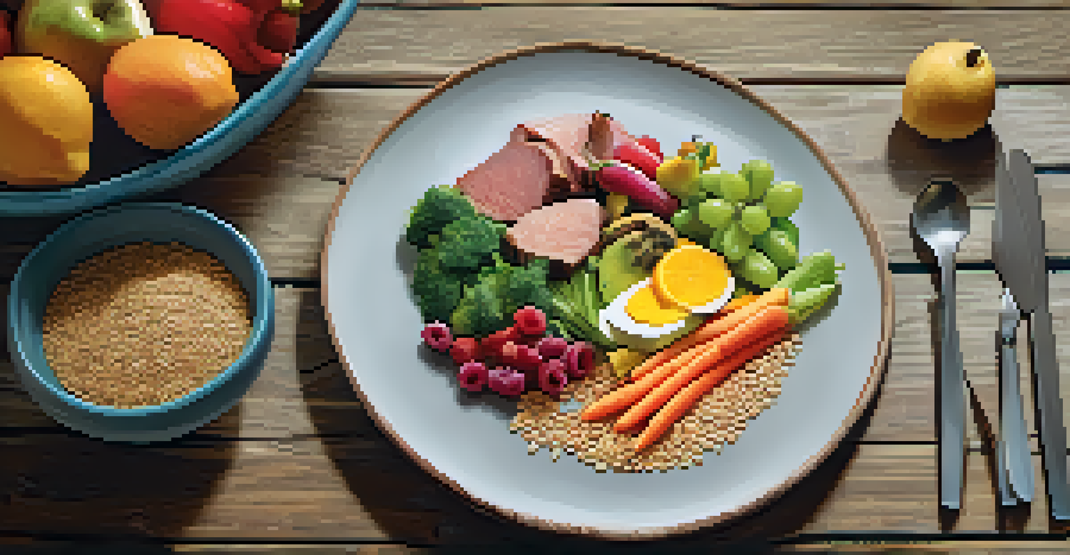 A colorful plate of nutritious food for athletes, including grains, meats, fruits, and vegetables.