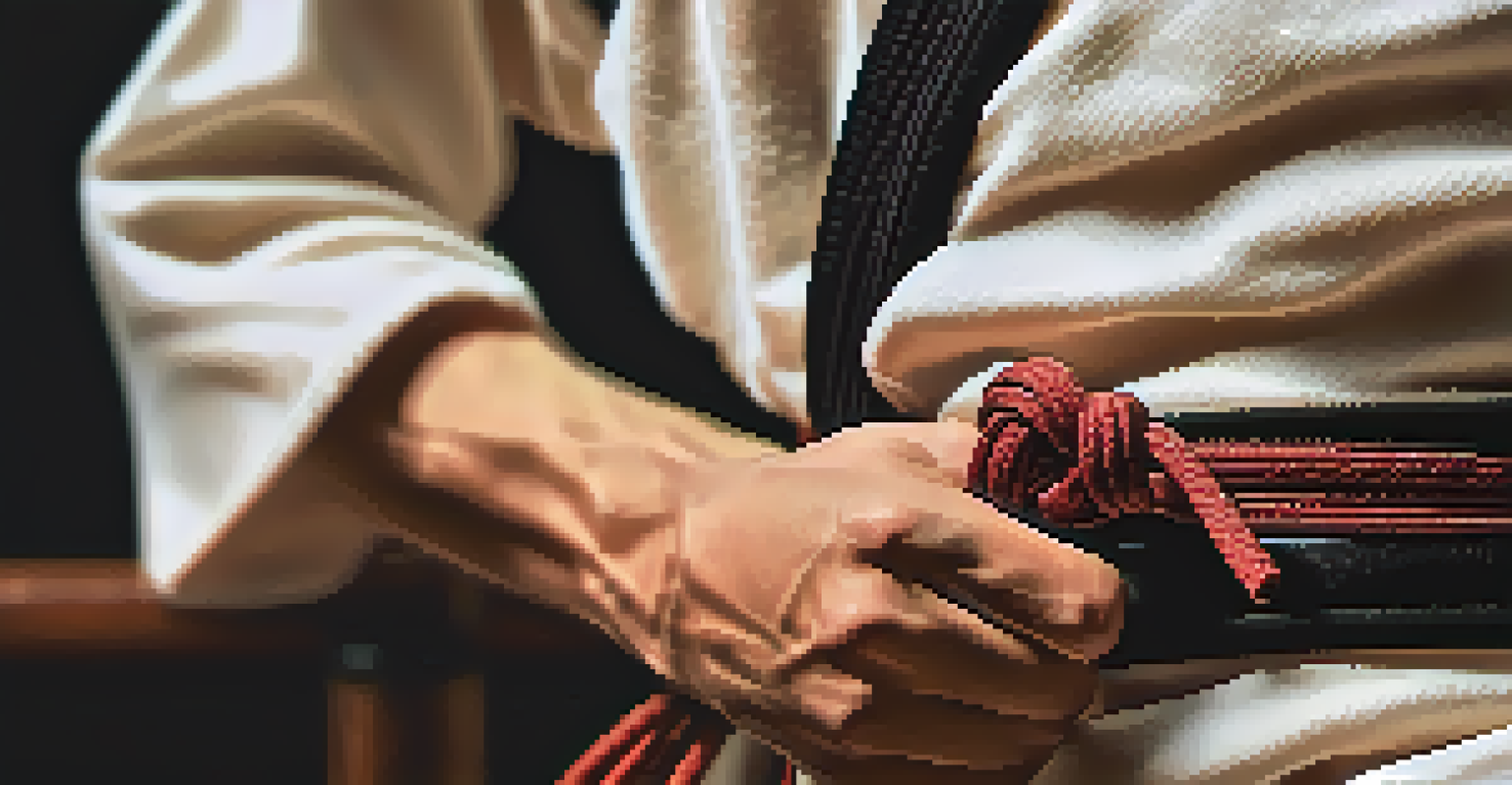 Close-up of a martial artist tying their belt, emphasizing tradition and respect.